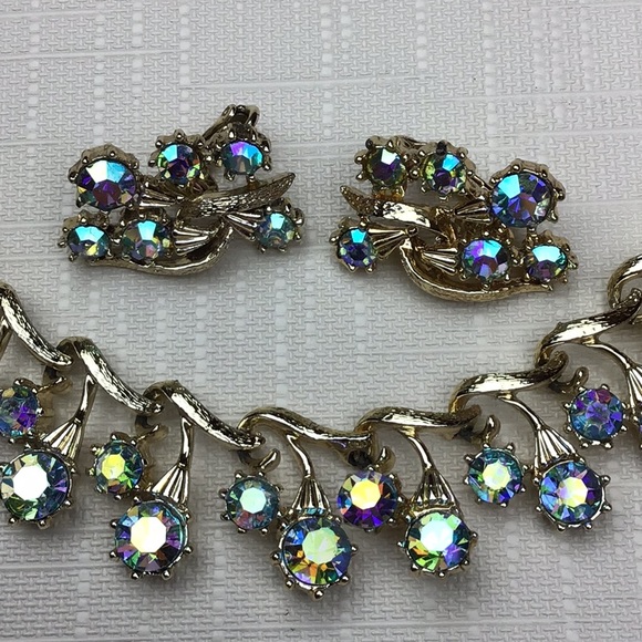 Vintage Coro Necklace Earrings Set AB Rhinestone - Picture 2 of 8